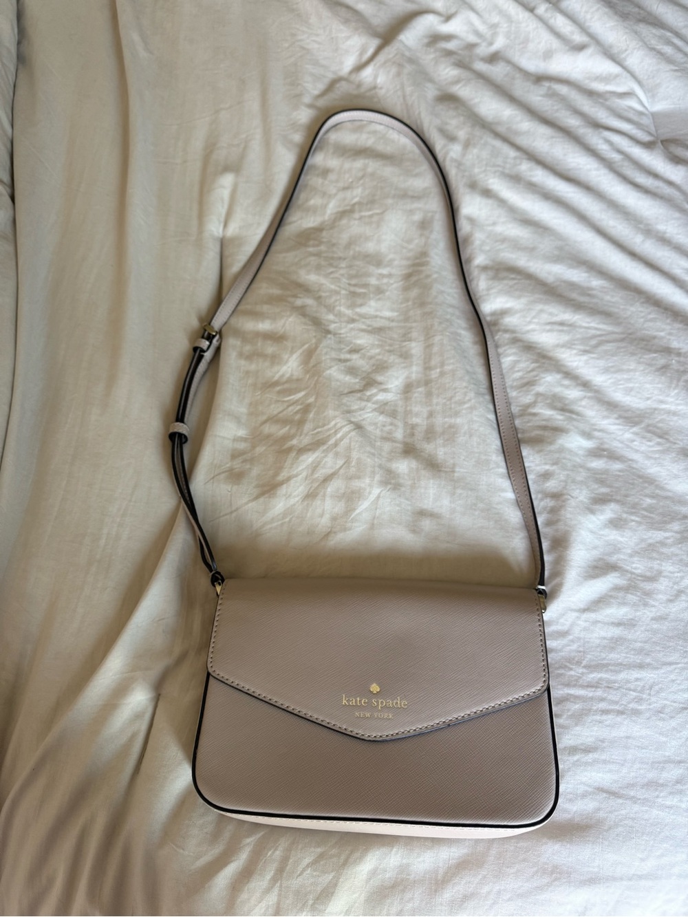 kate spade Soft Taupe Pebbled Leather Crossbody with Gold Logo